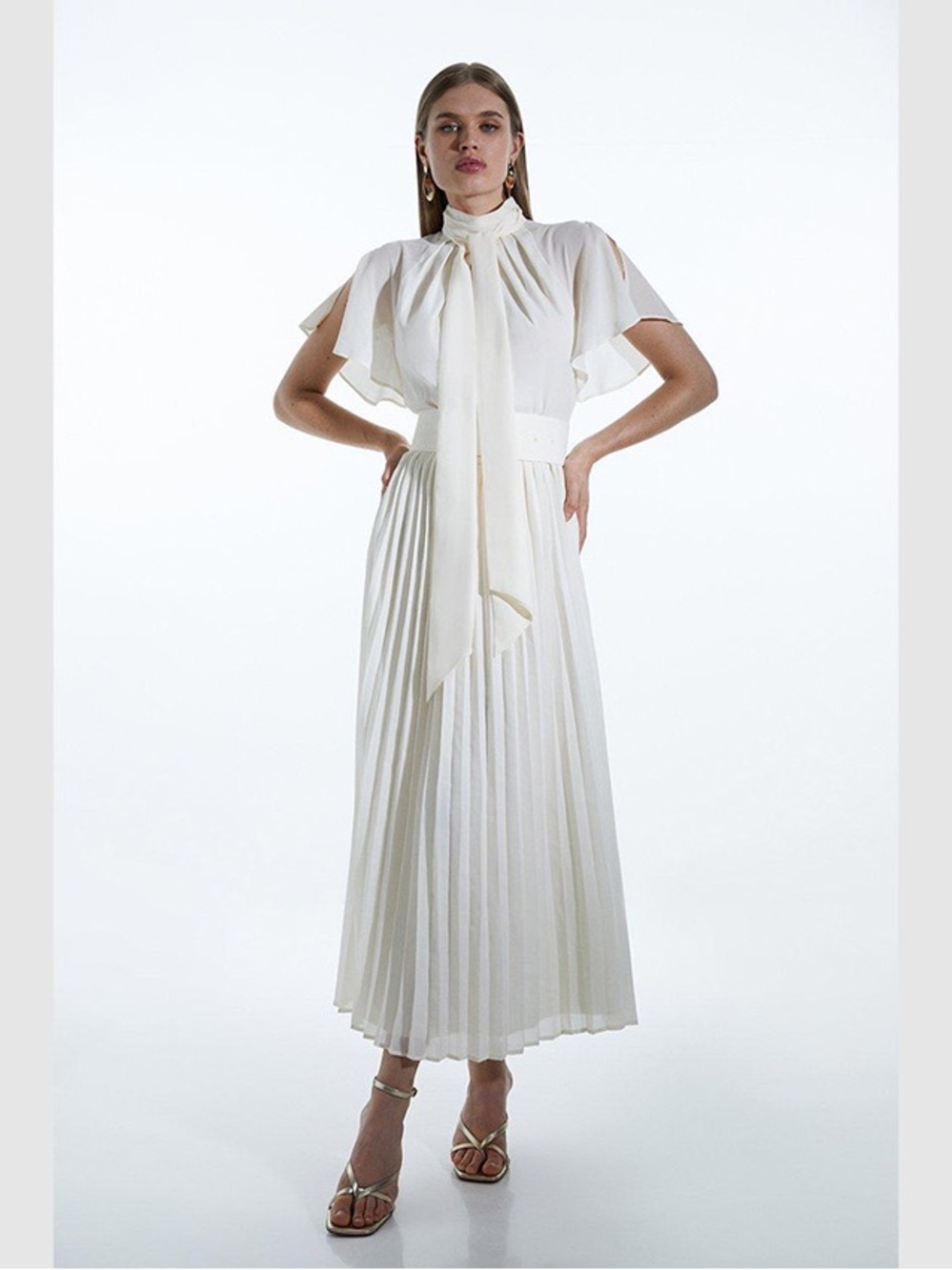NWOT Karen Millen high neck tie pleated midi dress size 4 white - Picture 1 of 16